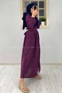 Modalamelif Omuz Fırfırlı Ekose Elbise bordo