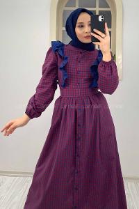 Modalamelif Omuz Fırfırlı Ekose Elbise bordo