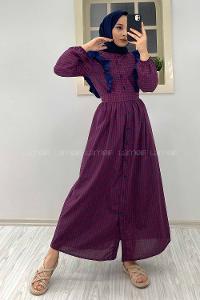 Modalamelif Omuz Fırfırlı Ekose Elbise bordo