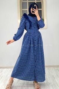 Modalamelif Omuz Fırfırlı Ekose Elbise Mavi