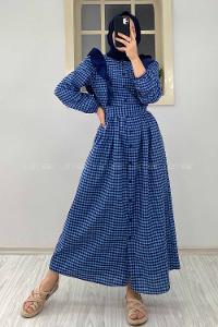 Modalamelif Omuz Fırfırlı Ekose Elbise Mavi