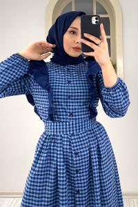 Modalamelif Omuz Fırfırlı Ekose Elbise Mavi