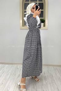 Modalamelif Omuz Fırfırlı Ekose Elbise Siyah