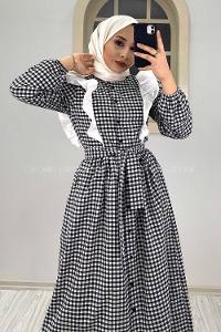 Modalamelif Omuz Fırfırlı Ekose Elbise Siyah