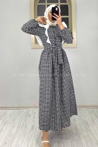 Modalamelif Omuz Fırfırlı Ekose Elbise Siyah