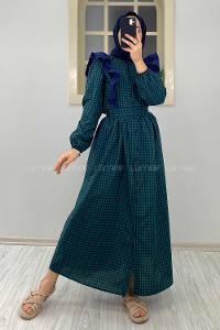 Modalamelif Omuz Fırfırlı Ekose Elbise Yeşil