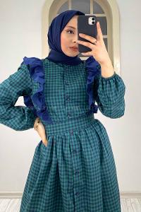 Modalamelif Omuz Fırfırlı Ekose Elbise Yeşil