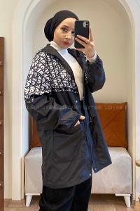 Modalamelif Bel Bağcıklı Kapşonlu Mont Siyah