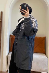 Modalamelif Bel Bağcıklı Kapşonlu Mont Siyah