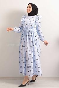 Modalamelif  Bel  Bağcıklı Papatya Desen Elbise Açık Mavi