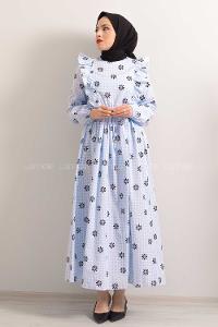 Modalamelif  Bel  Bağcıklı Papatya Desen Elbise Açık Mavi