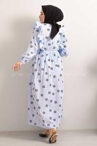 Modalamelif  Bel  Bağcıklı Papatya Desen Elbise Açık Mavi