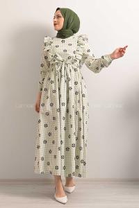 Modalamelif  Bel  Bağcıklı Papatya Desen Elbise Çağla Yeşili