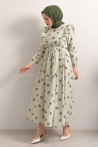 Modalamelif  Bel  Bağcıklı Papatya Desen Elbise Çağla Yeşili