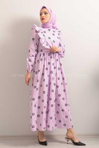 Modalamelif  Bel  Bağcıklı Papatya Desen Elbise Lila