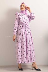 Modalamelif  Bel  Bağcıklı Papatya Desen Elbise Lila