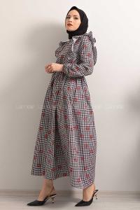 Modalamelif  Bel  Bağcıklı Papatya Desen Elbise Siyah