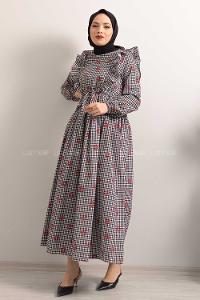 Modalamelif  Bel  Bağcıklı Papatya Desen Elbise Siyah