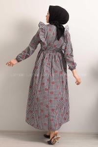 Modalamelif  Bel  Bağcıklı Papatya Desen Elbise Siyah