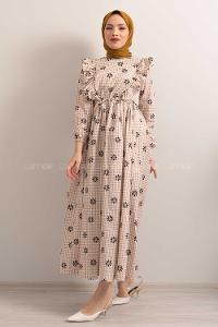 Modalamelif  Bel  Bağcıklı Papatya Desen Elbise Sütlü Kahve