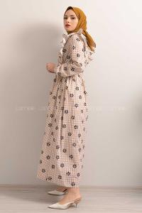 Modalamelif  Bel  Bağcıklı Papatya Desen Elbise Sütlü Kahve