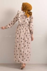 Modalamelif  Bel  Bağcıklı Papatya Desen Elbise Sütlü Kahve