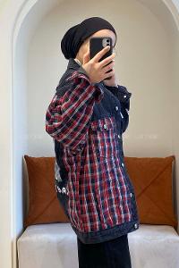 Modalamelif Ekose Garnili Kol Baskılı Ceket Kırmızı