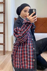 Modalamelif Ekose Garnili Kol Baskılı Ceket Kırmızı