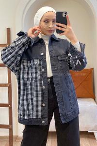 Modalamelif Ekose Garnili Kol Baskılı Ceket Siyah Beyaz