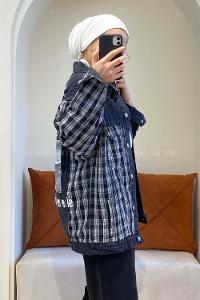 Modalamelif Ekose Garnili Kol Baskılı Ceket Siyah Beyaz