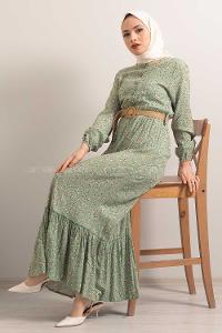 Modalamelif Hasır Kemerli Minimal Papatya Desen Elbise Çağla