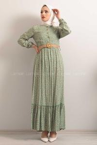 Modalamelif Hasır Kemerli Minimal Papatya Desen Elbise Çağla