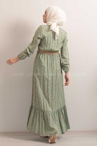 Modalamelif Hasır Kemerli Minimal Papatya Desen Elbise Çağla