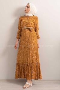 Modalamelif Hasır Kemerli Minimal Papatya Desen Elbise Hardal