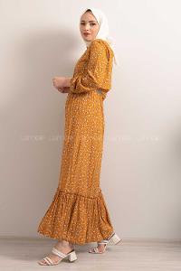 Modalamelif Hasır Kemerli Minimal Papatya Desen Elbise Hardal