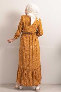 Modalamelif Hasır Kemerli Minimal Papatya Desen Elbise Hardal