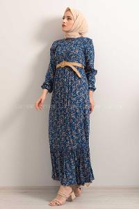 Modalamelif Hasır Kemerli Minimal Papatya Desen Elbise İndigo