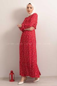 Modalamelif Hasır Kemerli Minimal Papatya Desen Elbise Kırmızı