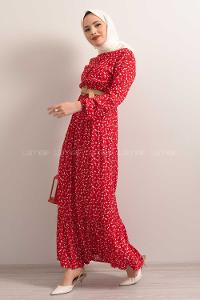 Modalamelif Hasır Kemerli Minimal Papatya Desen Elbise Kırmızı