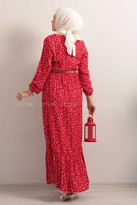 Modalamelif Hasır Kemerli Minimal Papatya Desen Elbise Kırmızı