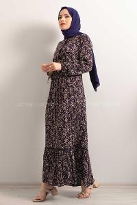 Modalamelif Hasır Kemerli Minimal Papatya Desen Elbise Lacivert