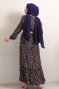 Modalamelif Hasır Kemerli Minimal Papatya Desen Elbise Lacivert