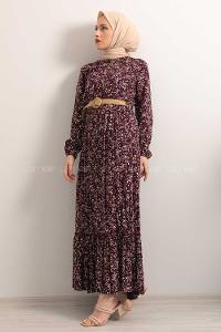 Modalamelif Hasır Kemerli Minimal Papatya Desen Elbise Mor