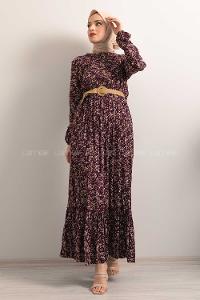 Modalamelif Hasır Kemerli Minimal Papatya Desen Elbise Mor