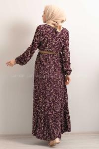 Modalamelif Hasır Kemerli Minimal Papatya Desen Elbise Mor