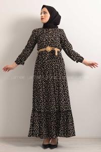 Modalamelif Hasır Kemerli Minimal Papatya Desen Elbise Siyah