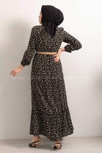 Modalamelif Hasır Kemerli Minimal Papatya Desen Elbise Siyah