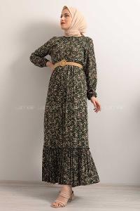 Modalamelif Hasır Kemerli Minimal Papatya Desen Elbise Zümrüt Yeşili