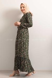 Modalamelif Hasır Kemerli Minimal Papatya Desen Elbise Zümrüt Yeşili