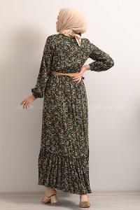 Modalamelif Hasır Kemerli Minimal Papatya Desen Elbise Zümrüt Yeşili